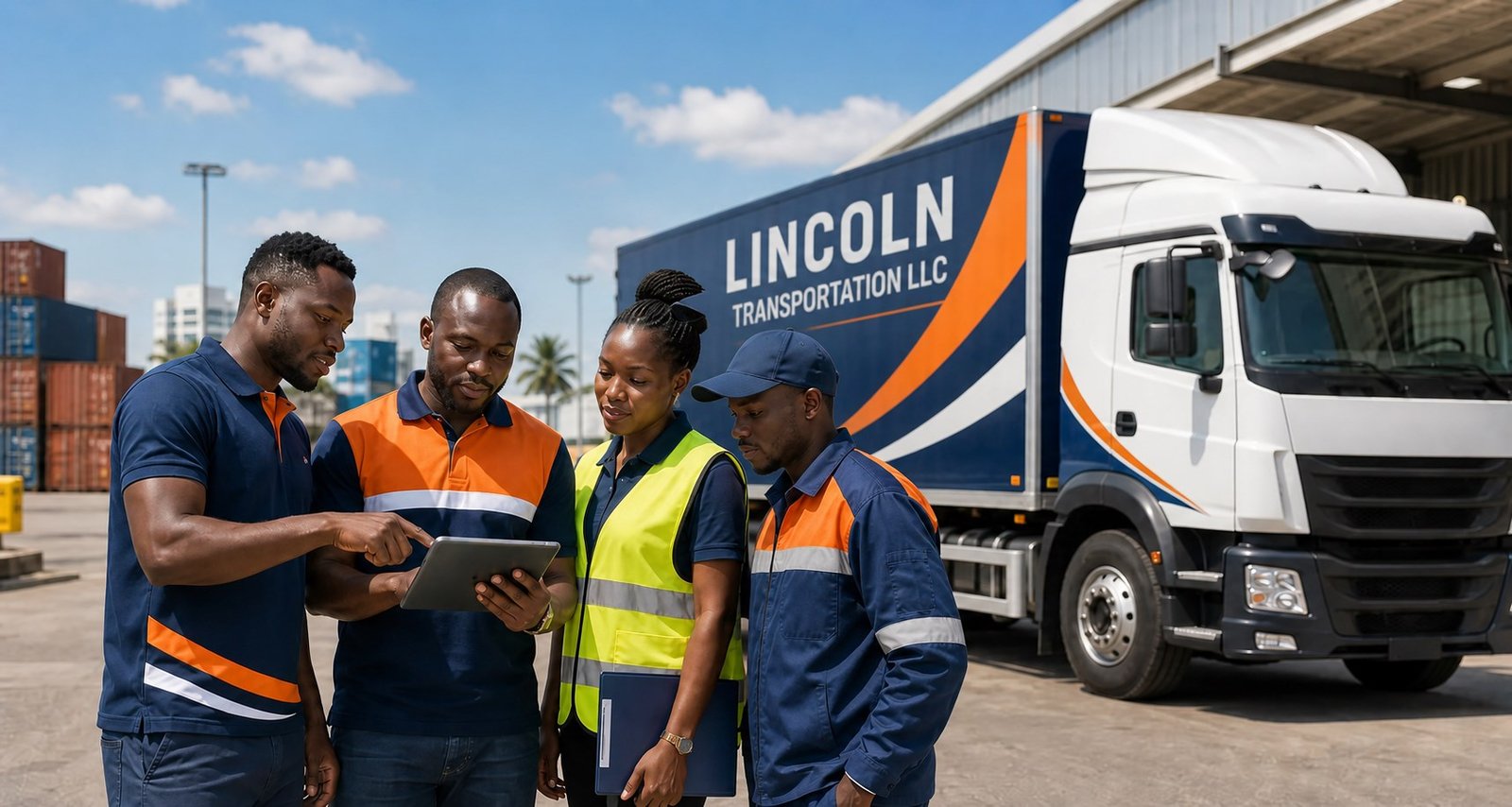 Transportation professionals beside a Lincoln-branded truck